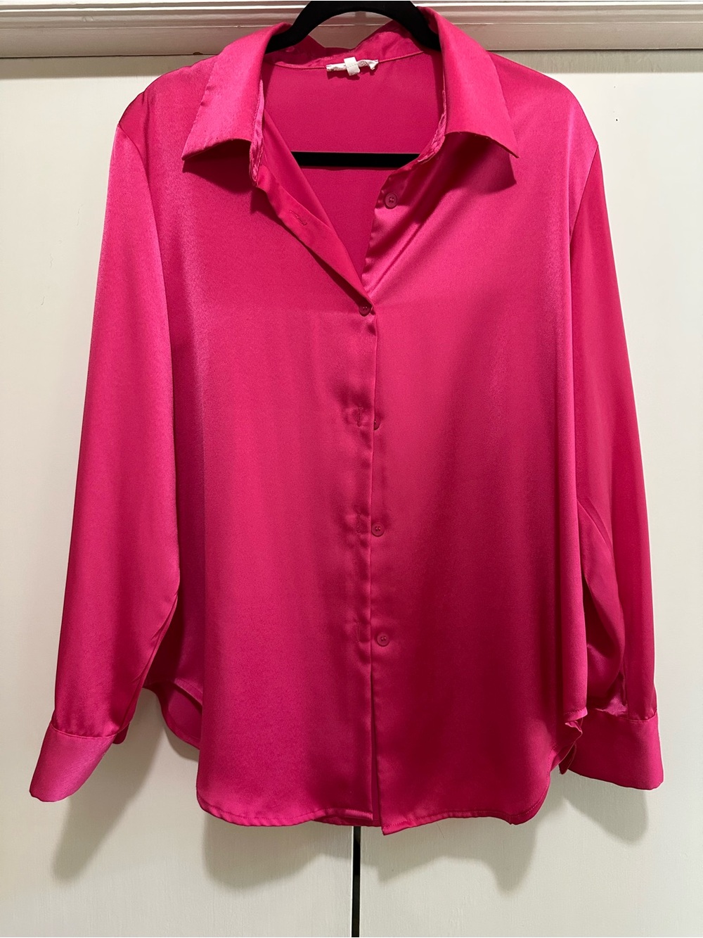 Classic Button-Front Satin Blouse in Hot Pink